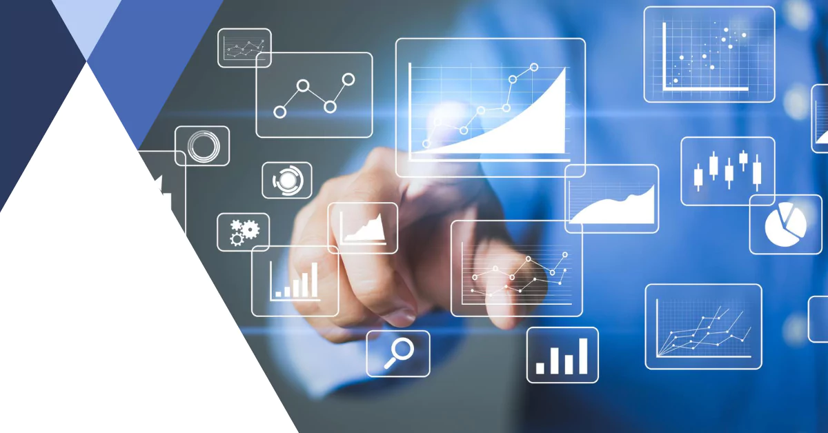 Ilustração de um profissional interagindo com gráficos e dados, representando a análise de performance e resultados digitais no marketing.