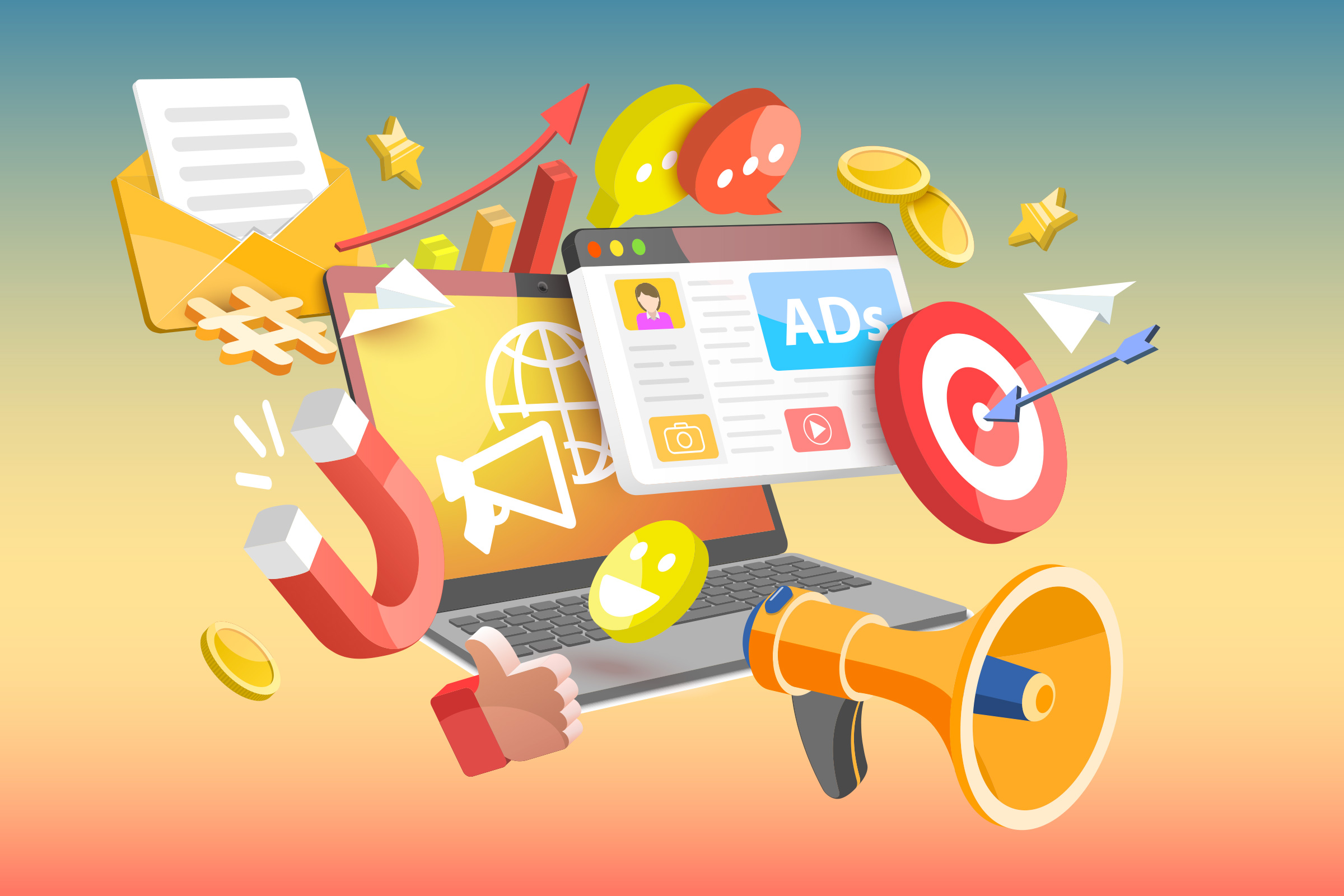 Imagem ilustrando tendências de marketing digital para 2025, com elementos visuais relacionados a anúncios online, redes sociais, inteligência artificial e ferramentas de marketing.