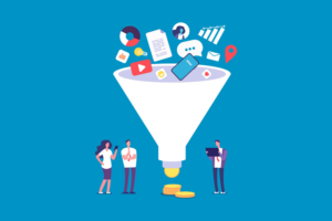 Imagem ilustrando um funil de vendas com ícones representando diferentes canais de marketing e o fluxo de dados para conversão.
