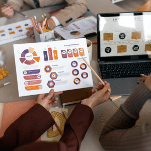 Reunião de marketing com foco em Inbound Marketing. Duas pessoas analisam gráficos e infográficos, enquanto um laptop exibe um slide sobre Inbound. A imagem sugere planejamento e estratégia de marketing digital.