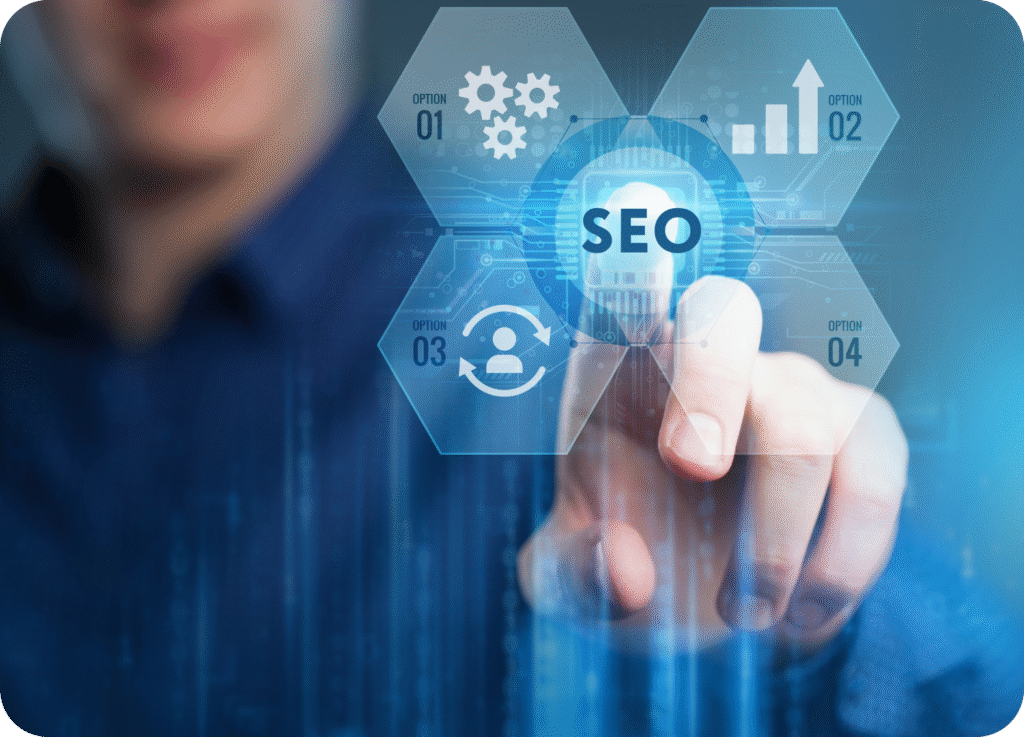 Mão tocando uma tela virtual que exibe a sigla SEO no centro, representando o conceito de estratégia de otimização de sites e marketing digital.