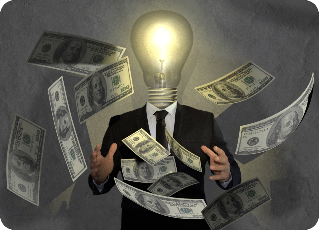 Representação visual de um homem em terno com uma lâmpada acesa no lugar da cabeça, simbolizando uma ideia lucrativa ou inteligência estratégica, cercado por notas de dólar (US$ 100) voando ao redor. A imagem ilustra os benefícios financeiros e o aumento de faturamento resultante de um bom planejamento estratégico, como o funil de vendas.