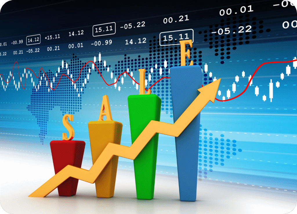 Gráfico 3D colorido que representa o crescimento de vendas (SALES), com barras verticais e uma seta amarela ascendente, simbolizando o aumento de resultados e a expansão. O fundo mostra um gráfico de bolsa de valores com indicadores financeiros, ilustrando a gestão estratégica e o crescimento ininterrupto impulsionado pelo funil de vendas.