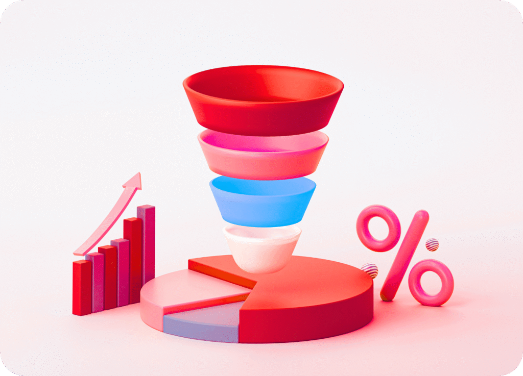 Funil de vendas 3D estilizado em tons de rosa e vermelho, com quatro camadas de cores diferentes, simbolizando as etapas de conversão. Abaixo, há um gráfico de pizza e um gráfico de barras com uma seta de crescimento, além de um grande símbolo de porcentagem (%), ilustrando a otimização de vendas, conversão de leads e análise de métricas.