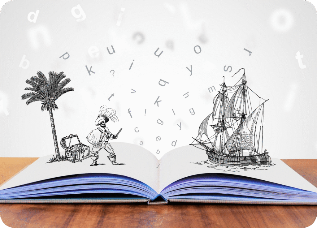 Livro aberto sobre uma mesa de madeira, mostrando ilustrações de aventura: um pirata com baú de tesouro sob uma palmeira e um navio de velas antigo. Letras e símbolos flutuam sobre o livro.