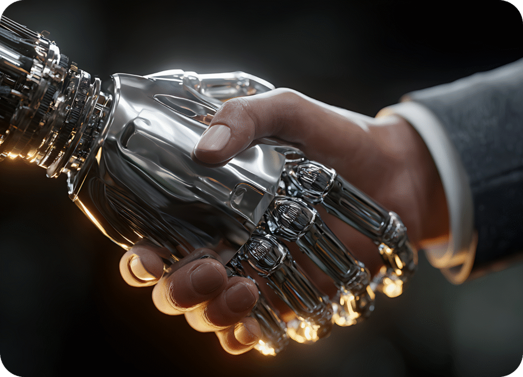 Parceria entre tecnologia e humano: mão metálica de um robô apertando a mão de uma pessoa de terno, com brilhos dourados.