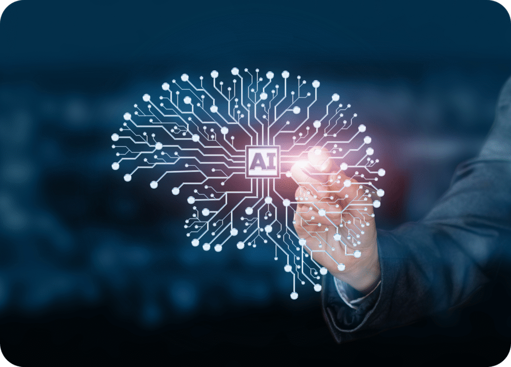 Mão tocando uma representação digital de um cérebro formado por um circuito eletrônico com o símbolo "AI" no centro. Simboliza a Inteligência Artificial (IA) no Marketing Digital 2026 e a capacidade de processamento de dados.