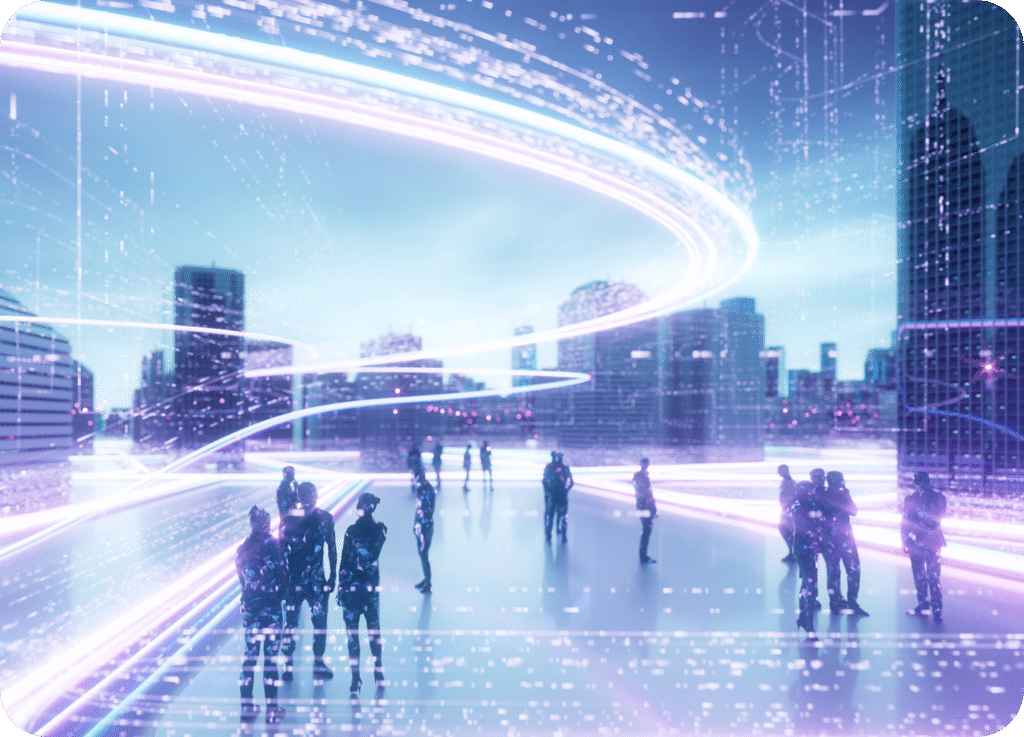 Pessoas em avatares de silhueta no Metaverso em um cenário futurista de cidade digital, com linhas de dados e luzes em movimento. Representa o futuro do Marketing Digital em 2026 e a Web3.