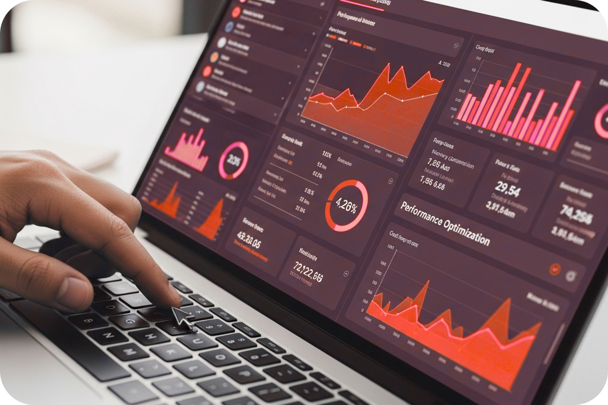 Uma foto em close-up de uma mão tocando um teclado de laptop, que exibe um painel de dados (dashboard) em tons de vermelho e cinza. O painel está cheio de gráficos e métricas de negócios, incluindo gráficos de linha, barras e um gráfico de pizza, focados em otimização de performance e KPIs financeiros, sugerindo análise de dados e marketing.