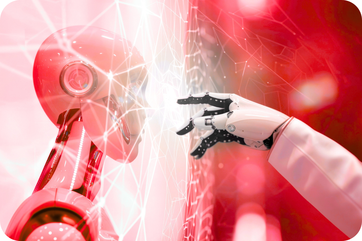 Mão robótica branca interagindo com uma rede de conexões digitais luminosas à frente do perfil de um robô humanoide vermelho, simbolizando a inteligência artificial generativa e a tecnologia de dados.