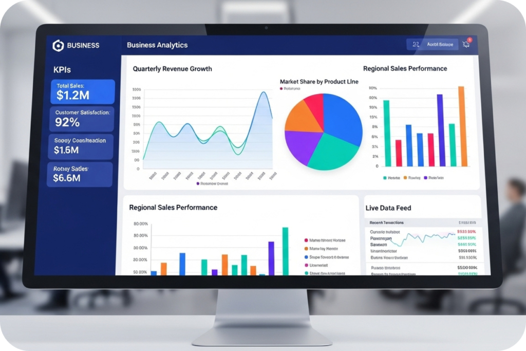 Monitor de computador exibindo um dashboard de Business Analytics completo com gráficos de crescimento de receita, market share e performance de vendas. A imagem representa a visualização de dados centralizada e a previsibilidade financeira gerada pelo Revenue Operations.