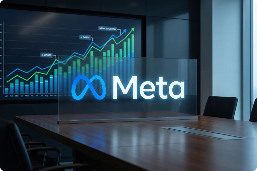 Logotipo da Meta em painel de vidro sobre mesa de reunião, com gráfico de crescimento e custos ao fundo. A imagem ilustra o aumento de 12,15% nos custos de anúncios no Facebook e Instagram para 2026.