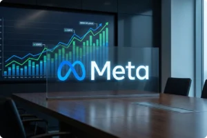 Logotipo da Meta em painel de vidro sobre mesa de reunião, com gráfico de crescimento e custos ao fundo. A imagem ilustra o aumento de 12,15% nos custos de anúncios no Facebook e Instagram para 2026.