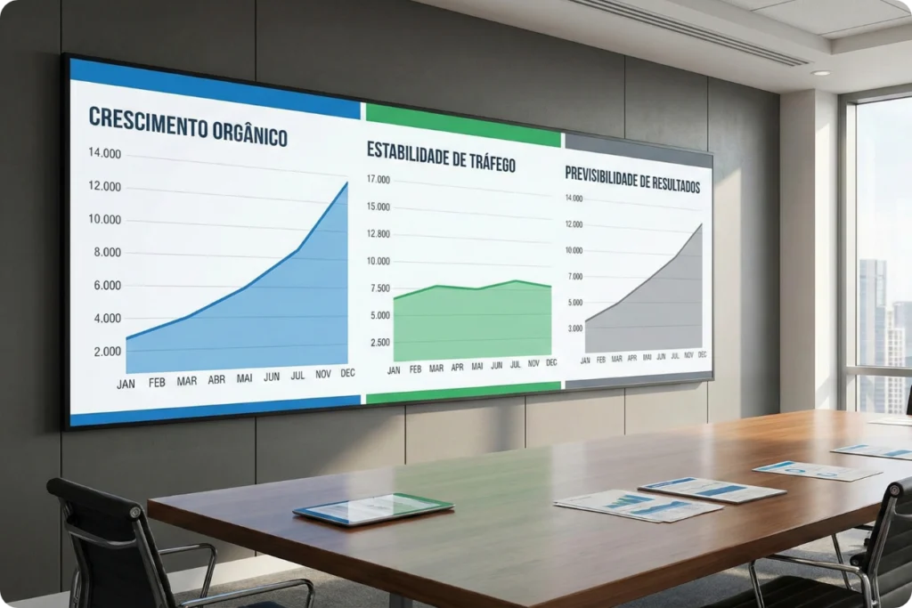 Painel digital em sala de reunião exibindo três gráficos de crescimento linear. Os títulos indicam "Crescimento Orgânico", "Estabilidade de Tráfego" e "Previsibilidade de Resultados", reforçando os benefícios das estratégias de SEO e GEO.