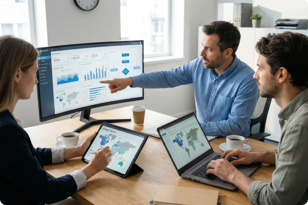 Três profissionais de marketing em uma reunião estratégica analisando dados em monitores e tablets. Um homem aponta para um dashboard com gráficos de barras e mapas, representando o planejamento de uma máquina de vendas proprietária e diversificação de canais.