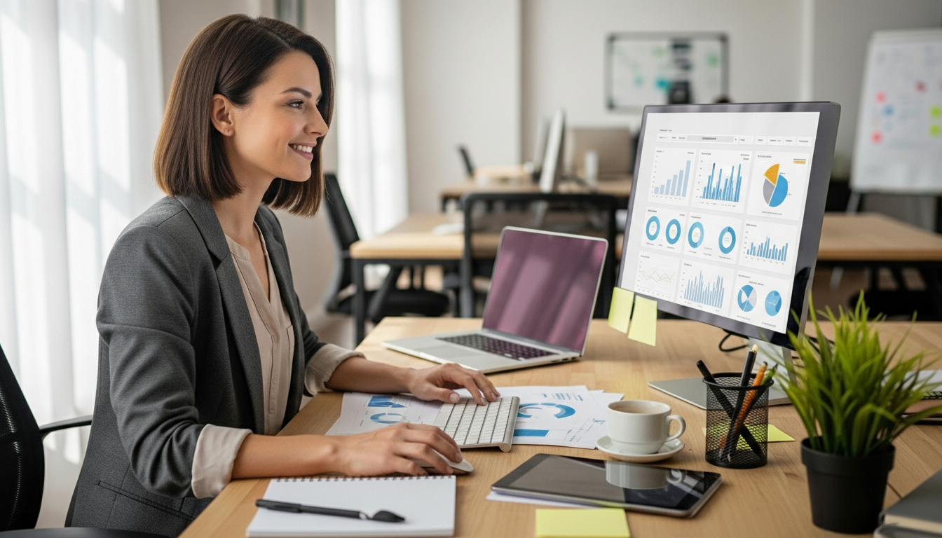 Mulher profissional em ambiente de escritório moderno analisando um dashboard de Business Intelligence em um monitor grande. A tela exibe diversos gráficos de barras, pizzas e indicadores de performance (KPIs) para gestão estratégica e tomada de decisão baseada em dados.