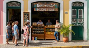 Fotografia colorida da fachada de uma loja charmosa chamada 'Delícias Locais'. Dois atendentes estão atrás de balcões de madeira repletos de frutas e pães, enquanto um grupo de clientes aguarda na calçada em um dia ensolarado. A arquitetura é colonial, com portas verdes e paredes em tons de amarelo e rosa.
