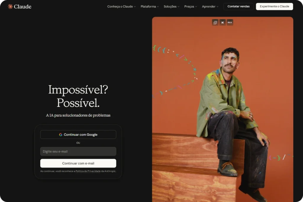 Interface da inteligência artificial Claude AI, desenvolvida pela Anthropic. A imagem destaca o posicionamento da ferramenta como uma solução avançada para análise de dados e escrita contextual, ilustrando a conexão entre criatividade humana e tecnologia de ponta.