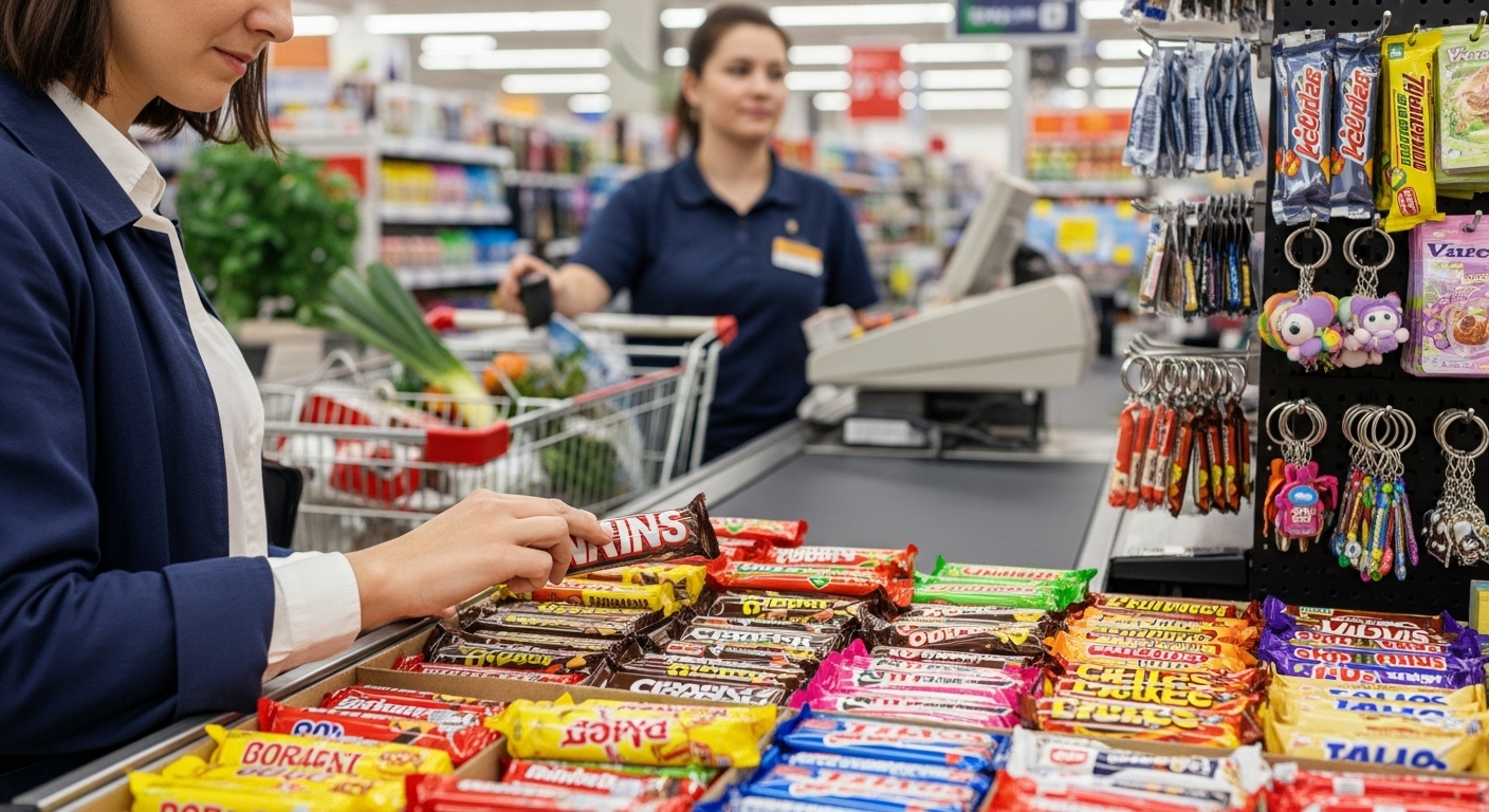 Uma cliente de blazer azul está no caixa de um supermercado, pegando uma barra de chocolate de uma prateleira de compras por impulso. Ao fundo, uma funcionária opera o caixa próximo a um carrinho com vegetais. O primeiro plano destaca diversos doces e guloseimas coloridas organizados no balcão.