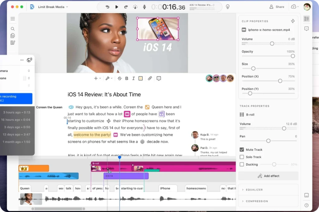 Interface da ferramenta Descript utilizada para edição de vídeo baseada em texto. A imagem demonstra a praticidade de editar conteúdos audiovisuais através da manipulação da transcrição original, unindo as funcionalidades de um editor de texto com uma linha do tempo profissional para otimizar a produção de vídeos de marketing.