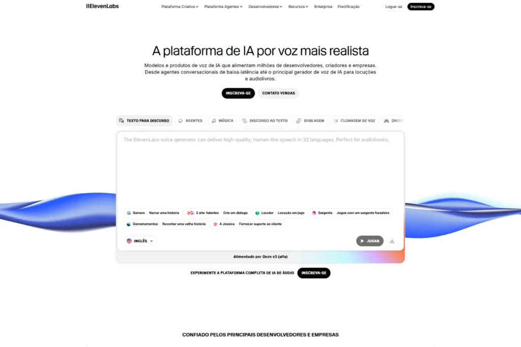Interface do gerador de voz por IA ElevenLabs, destacando as funcionalidades de síntese de voz realista e clonagem de voz. A imagem exemplifica a plataforma de áudio utilizada para criar narrações profissionais, dublagens e podcasts com inteligência artificial.
