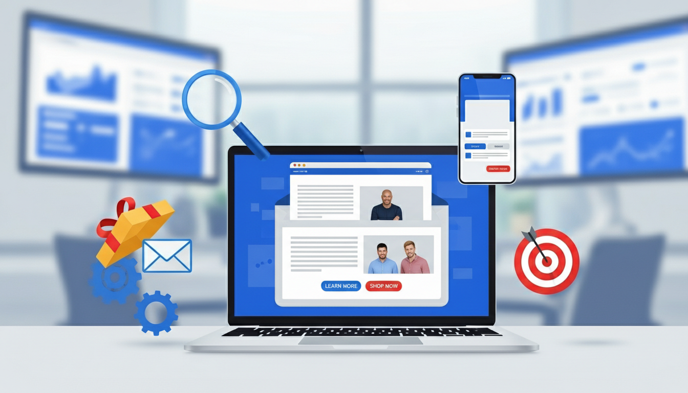 Ilustração 3D de um ecossistema de marketing digital para conversão. Ao centro, um laptop aberto exibe um modelo de e-mail marketing com botões de chamada para ação (CTA) 'Learn More' e 'Shop Now'. Ao redor, ícones flutuantes representam busca (lupa), tráfego pago (alvo), presentes e engajamento móvel.