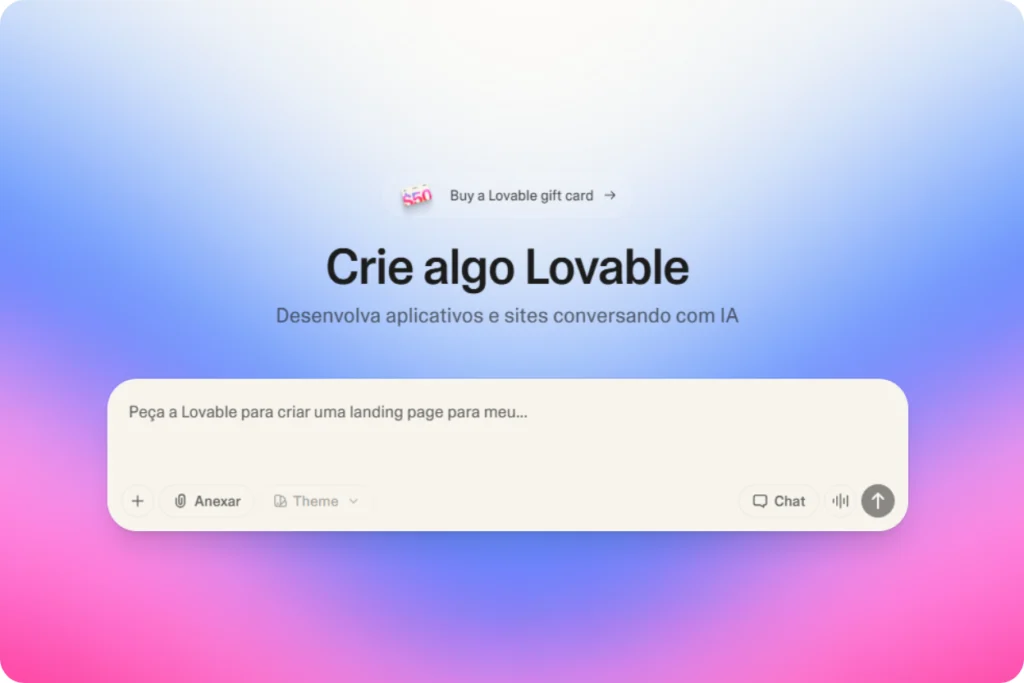 Interface da ferramenta de IA Lovable para desenvolvimento de sites e aplicativos sem código. A imagem destaca a facilidade de criação via chat, mostrando o campo de comando para gerar landing pages e aplicações completas.