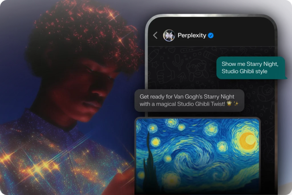 Interface do chatbot de IA Perplexity demonstrando a geração de imagens e busca visual. A imagem ilustra a capacidade da ferramenta de processar pedidos criativos complexos, como a releitura de obras de arte, servindo como um mecanismo de resposta inteligente para marketing e pesquisa.